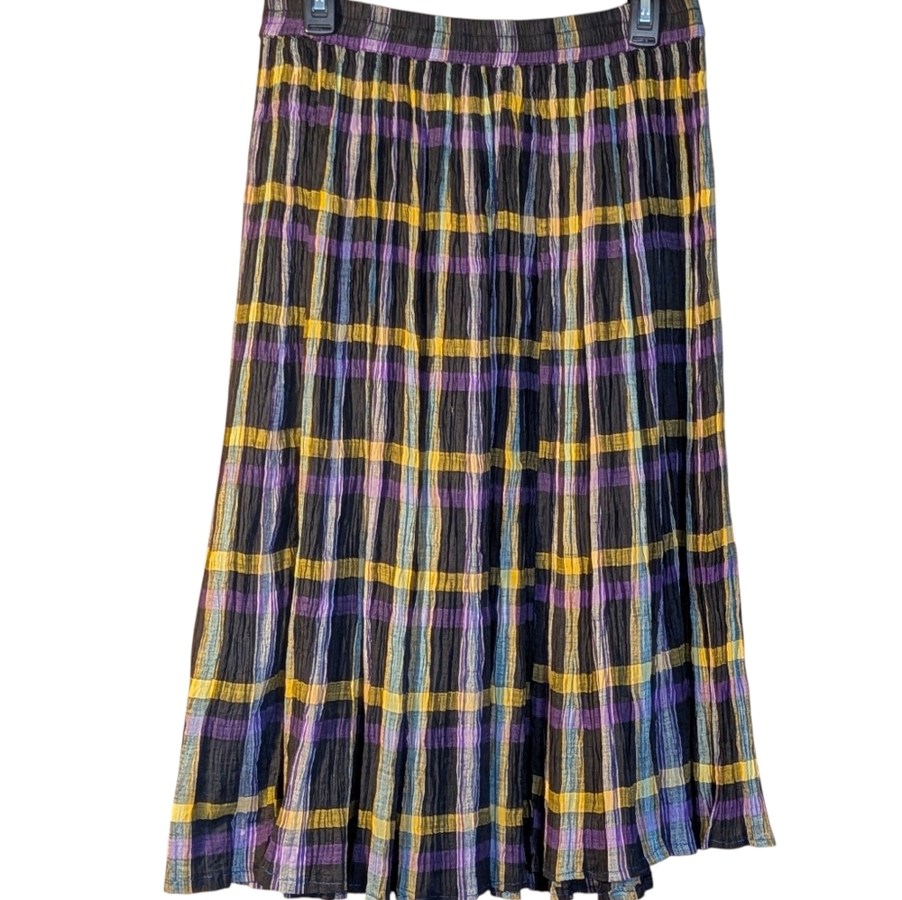 Amanda Smith Crinkle Cotton Black and Yellow Plaid A-Line midi Skirt L Bohemian